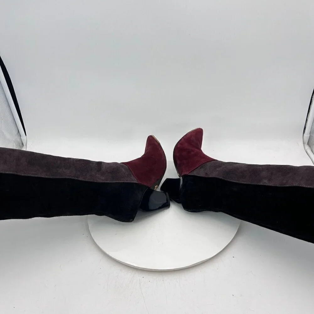 Tory Burch Lila 90mm Women Size 6M Burgundy Grey Black Suede Knee High Boot